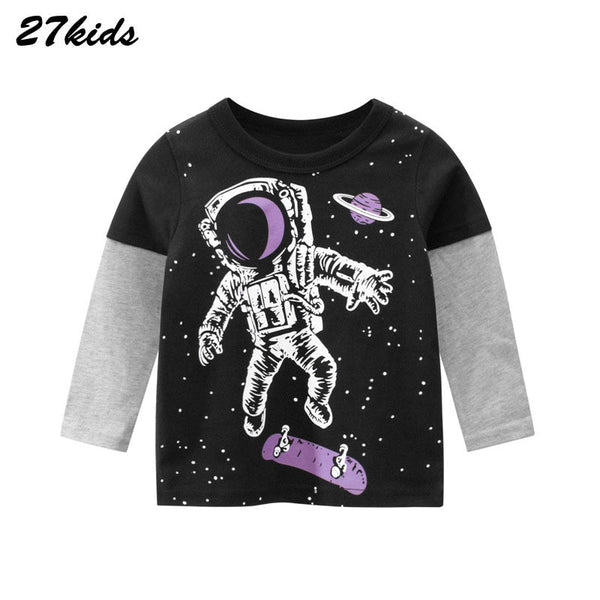 27Kids 2-9Year Cartoon Universe Planet Boys Full Sleeve Tshirt Space Astronaut Pattern Children Tops Kids Clothes