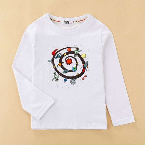 Cartoon planet space shirt kids long sleeve cotton t-shirt baby boy casual o-neck clothes rocket boys tops child fashion tee