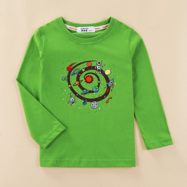 Cartoon planet space shirt kids long sleeve cotton t-shirt baby boy casual o-neck clothes rocket boys tops child fashion tee