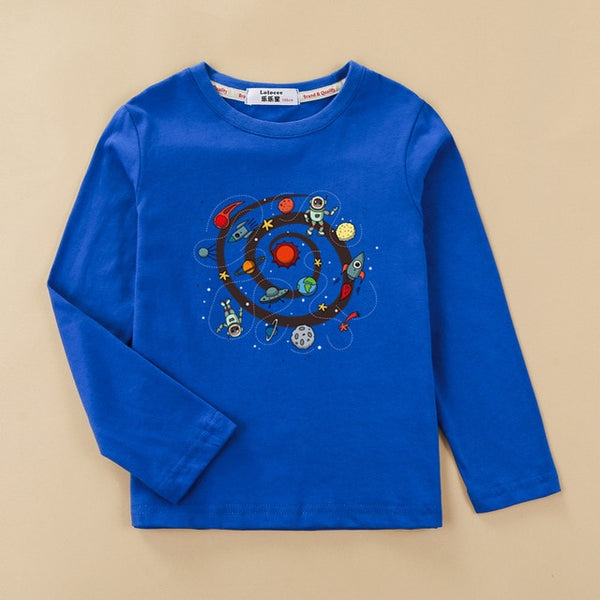 Cartoon planet space shirt kids long sleeve cotton t-shirt baby boy casual o-neck clothes rocket boys tops child fashion tee