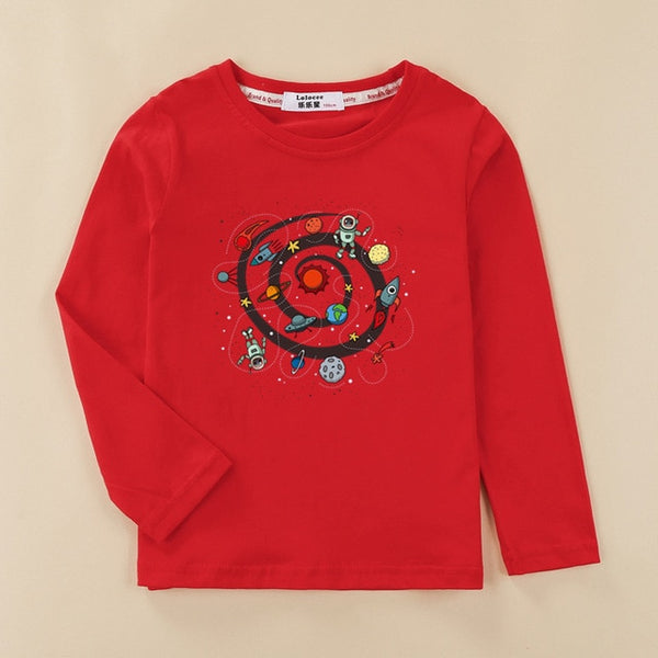 Cartoon planet space shirt kids long sleeve cotton t-shirt baby boy casual o-neck clothes rocket boys tops child fashion tee