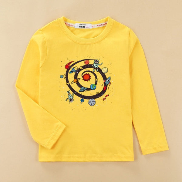 Cartoon planet space shirt kids long sleeve cotton t-shirt baby boy casual o-neck clothes rocket boys tops child fashion tee