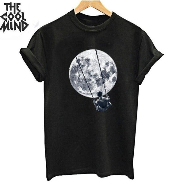 COOLMIND top quality cotton cool space print women T shirt lovely summer women tshirt loose o-neck t-shirt female tee shirts