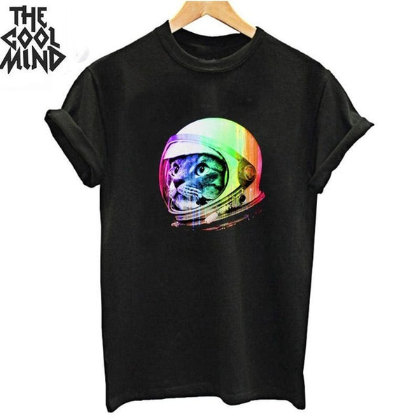 COOLMIND top quality cotton cool space print women T shirt lovely summer women tshirt loose o-neck t-shirt female tee shirts