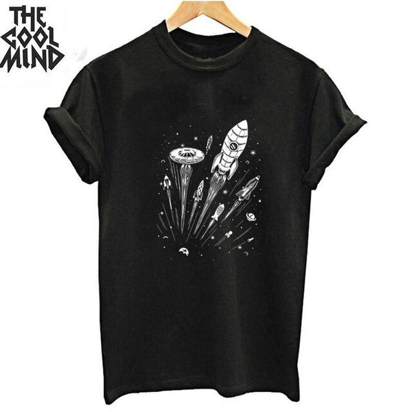 COOLMIND top quality cotton cool space print women T shirt lovely summer women tshirt loose o-neck t-shirt female tee shirts