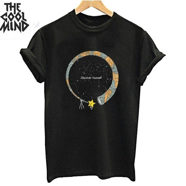 COOLMIND top quality cotton cool space print women T shirt lovely summer women tshirt loose o-neck t-shirt female tee shirts