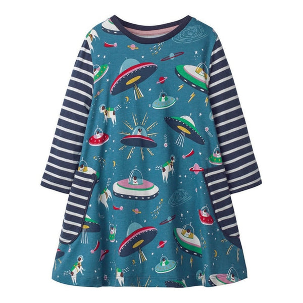 Jumping Meters Baby Girls Dresses Long Sleeves Space Cartoon Cotton Dress for Baby Girl Pocket Spring Autumn Clothes Girls Dress