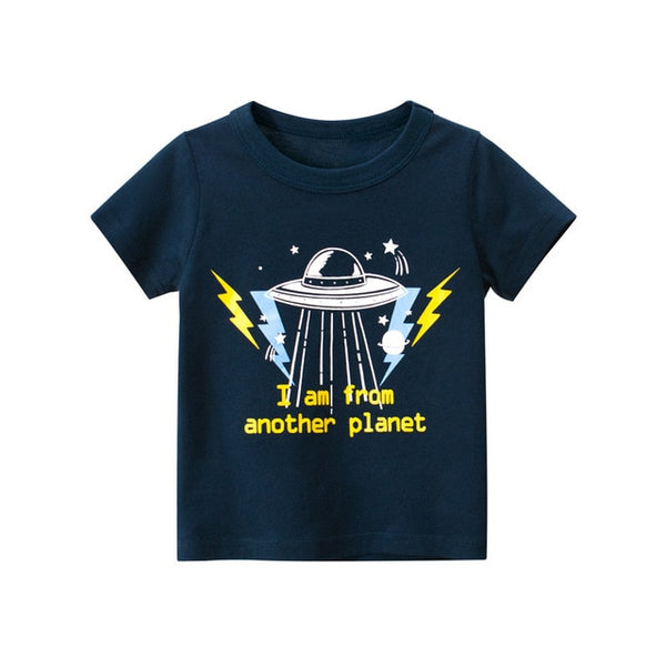 2021 Summer T-shirt for Boys Space Airplane Print T Shirt Kids Tops Tees Short Sleeves Cartoon Baby Clothes 2-10 Years Dropship