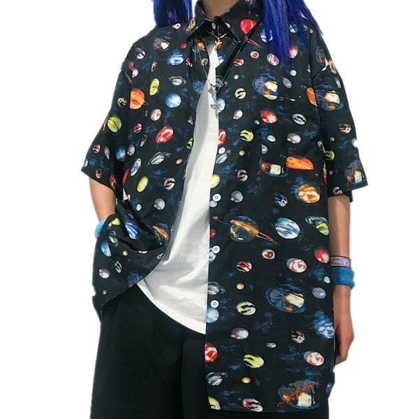 Harajuku Women Space Galaxy Planet Print Blouse Short Sleeves Shirt Summer Beach Seaside Tops Blouses Unisex Streetwear Blusas