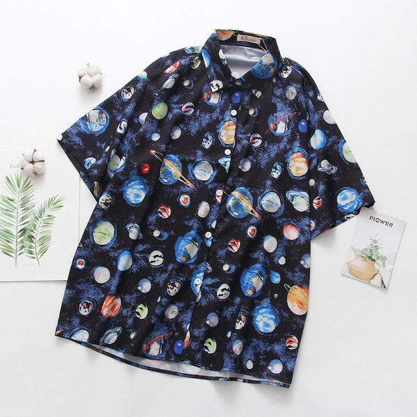 Harajuku Women Space Galaxy Planet Print Blouse Short Sleeves Shirt Summer Beach Seaside Tops Blouses Unisex Streetwear Blusas