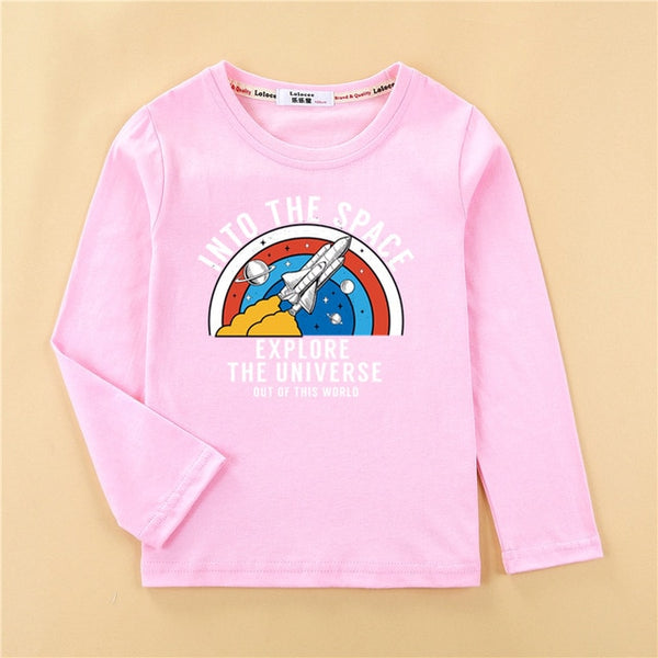 Cartoon planet space shirt kids long sleeve cotton t-shirt baby boy casual o-neck clothes rocket boys tops child fashion tee