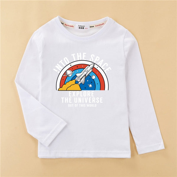 Cartoon planet space shirt kids long sleeve cotton t-shirt baby boy casual o-neck clothes rocket boys tops child fashion tee