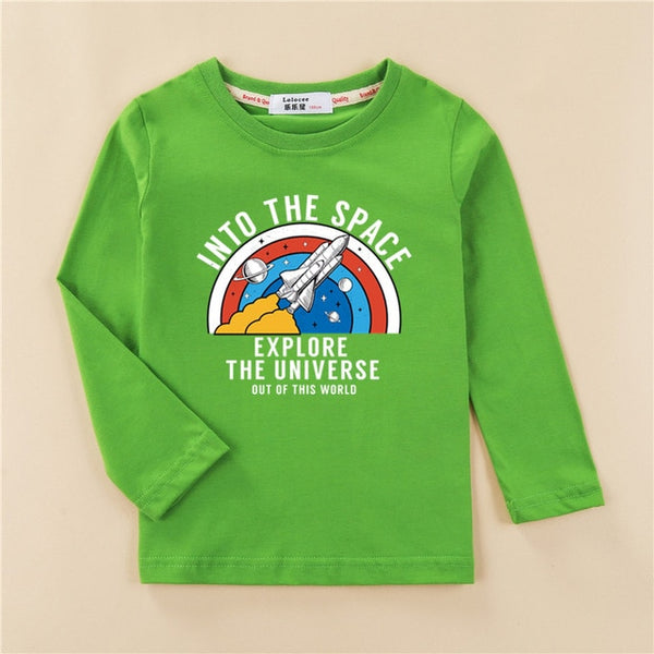 Cartoon planet space shirt kids long sleeve cotton t-shirt baby boy casual o-neck clothes rocket boys tops child fashion tee