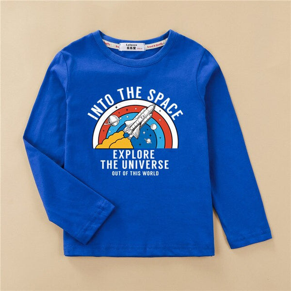 Cartoon planet space shirt kids long sleeve cotton t-shirt baby boy casual o-neck clothes rocket boys tops child fashion tee