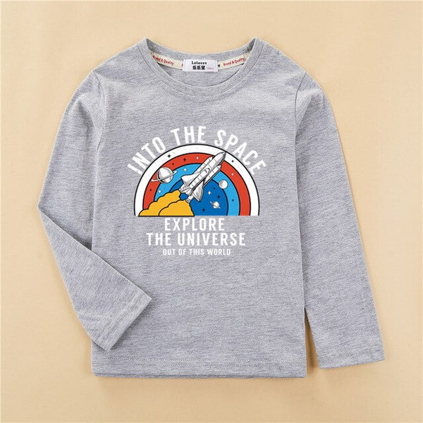 Cartoon planet space shirt kids long sleeve cotton t-shirt baby boy casual o-neck clothes rocket boys tops child fashion tee