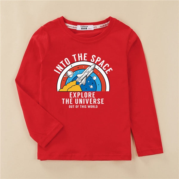 Cartoon planet space shirt kids long sleeve cotton t-shirt baby boy casual o-neck clothes rocket boys tops child fashion tee