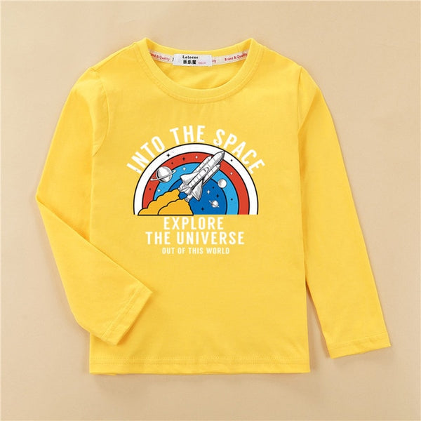 Cartoon planet space shirt kids long sleeve cotton t-shirt baby boy casual o-neck clothes rocket boys tops child fashion tee